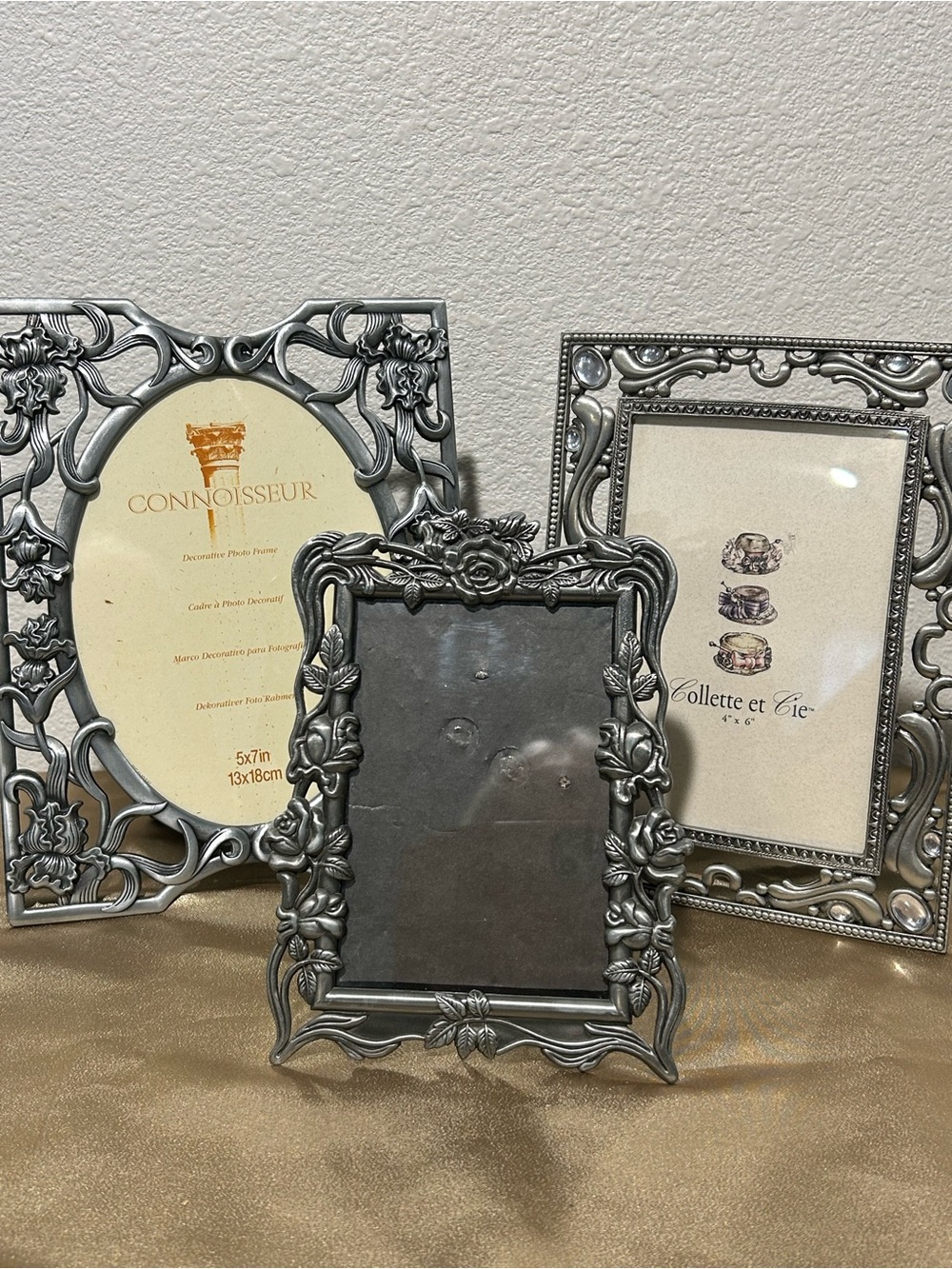 Three Ornate Vintage Pewter Photo Frames